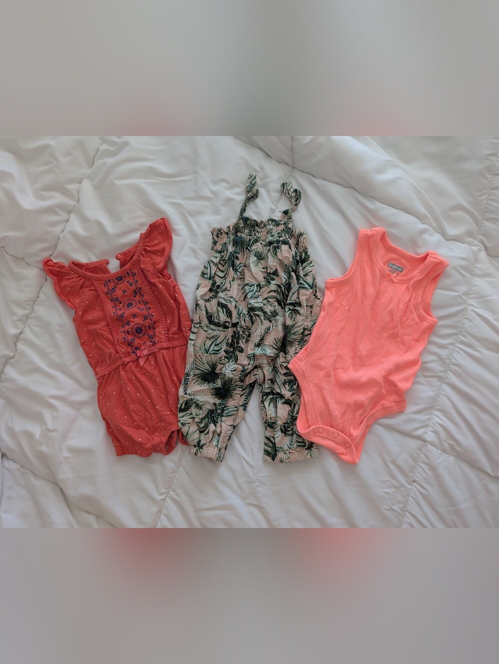 Source Unknown Coral & Tropical Print Baby Romper Set - Pink Coral Green